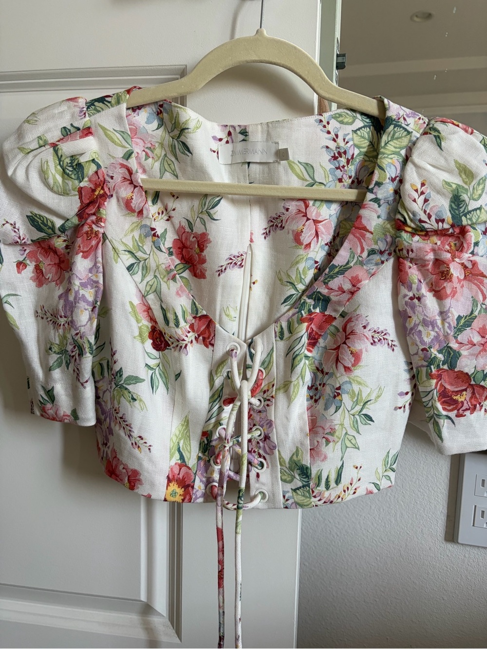 Zimmermann White Floral Lace-Up Puff Sleeve Crop Top